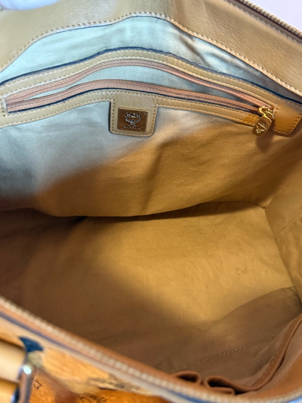 MCM Visetos Mustard Logo Canvas Tote with Leather Trim - Picture 8 of 9